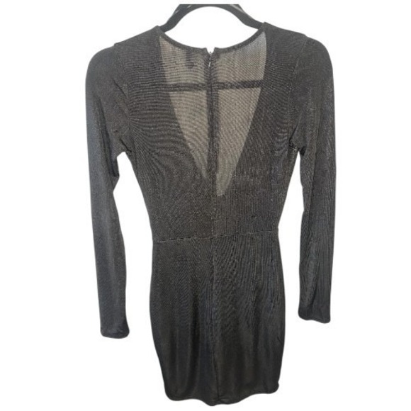 Blanc Metallic Black Deep V Long Sleeve Mini Dress Women's Small Party - Picture 2 of 5